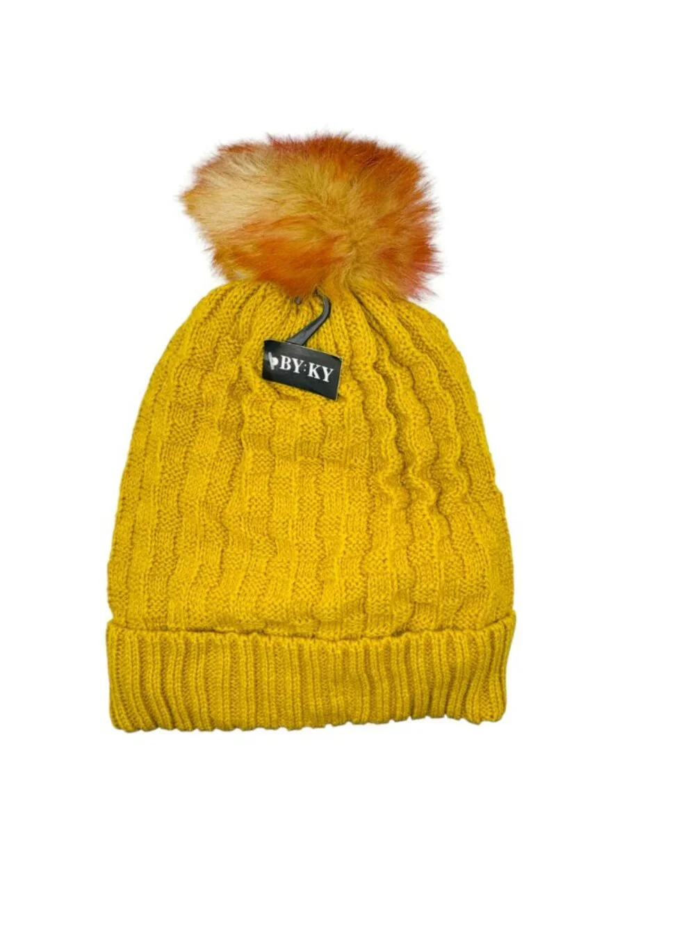 Yellow Cable-Knit Pom-Pom Beanie Hat With Faux Fur & Soft Lining By BY:KY